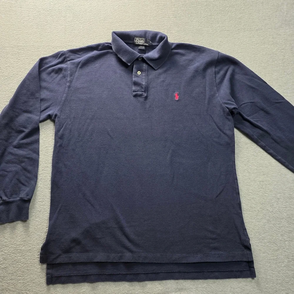 Polo Ralph Lauren Mens Long Sleeve Polo Shirt Navy Blue Red Pony Cotton‎ Large